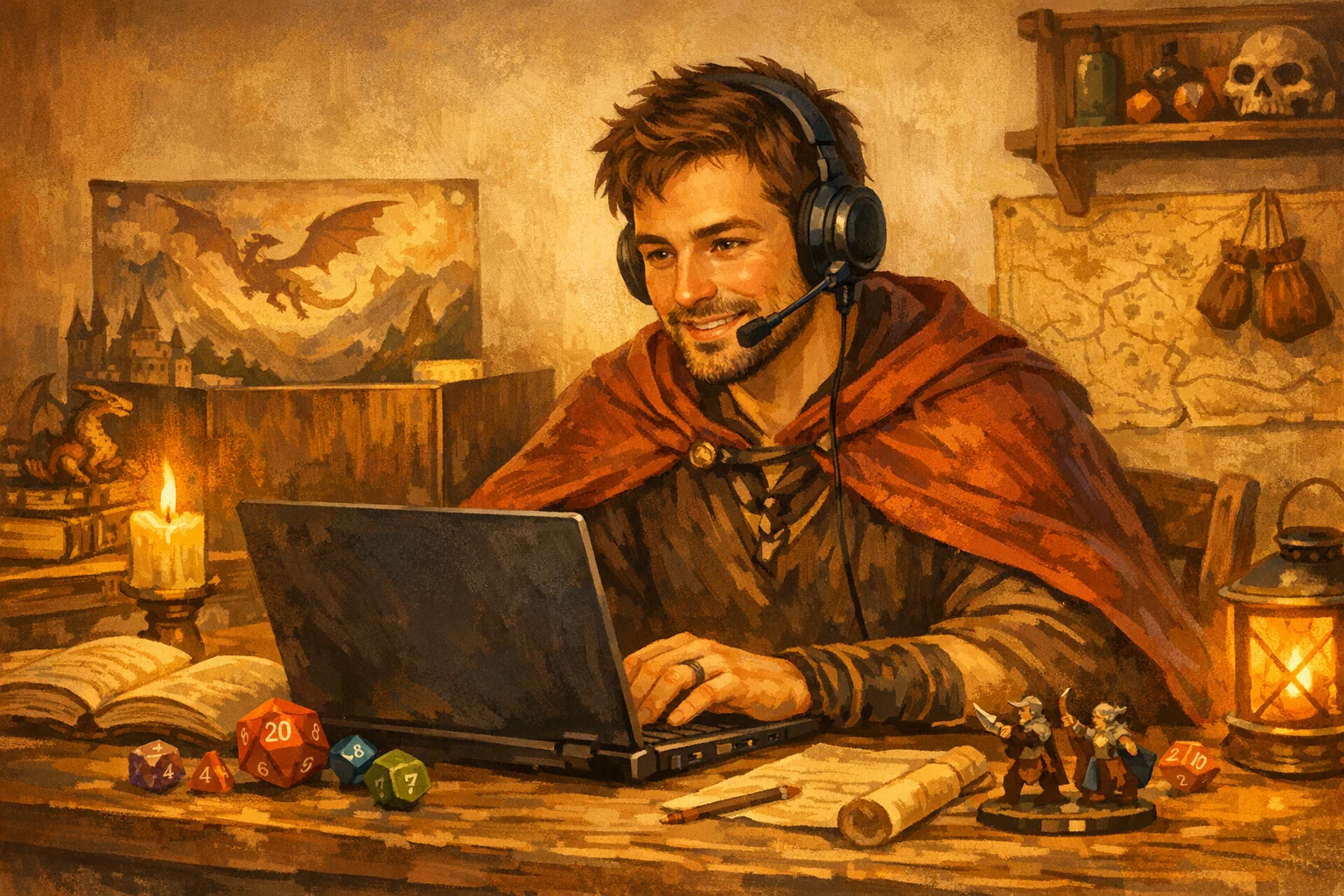 ヘッドセットを装着してノートパソコンに向かうゲームマスターのイラスト