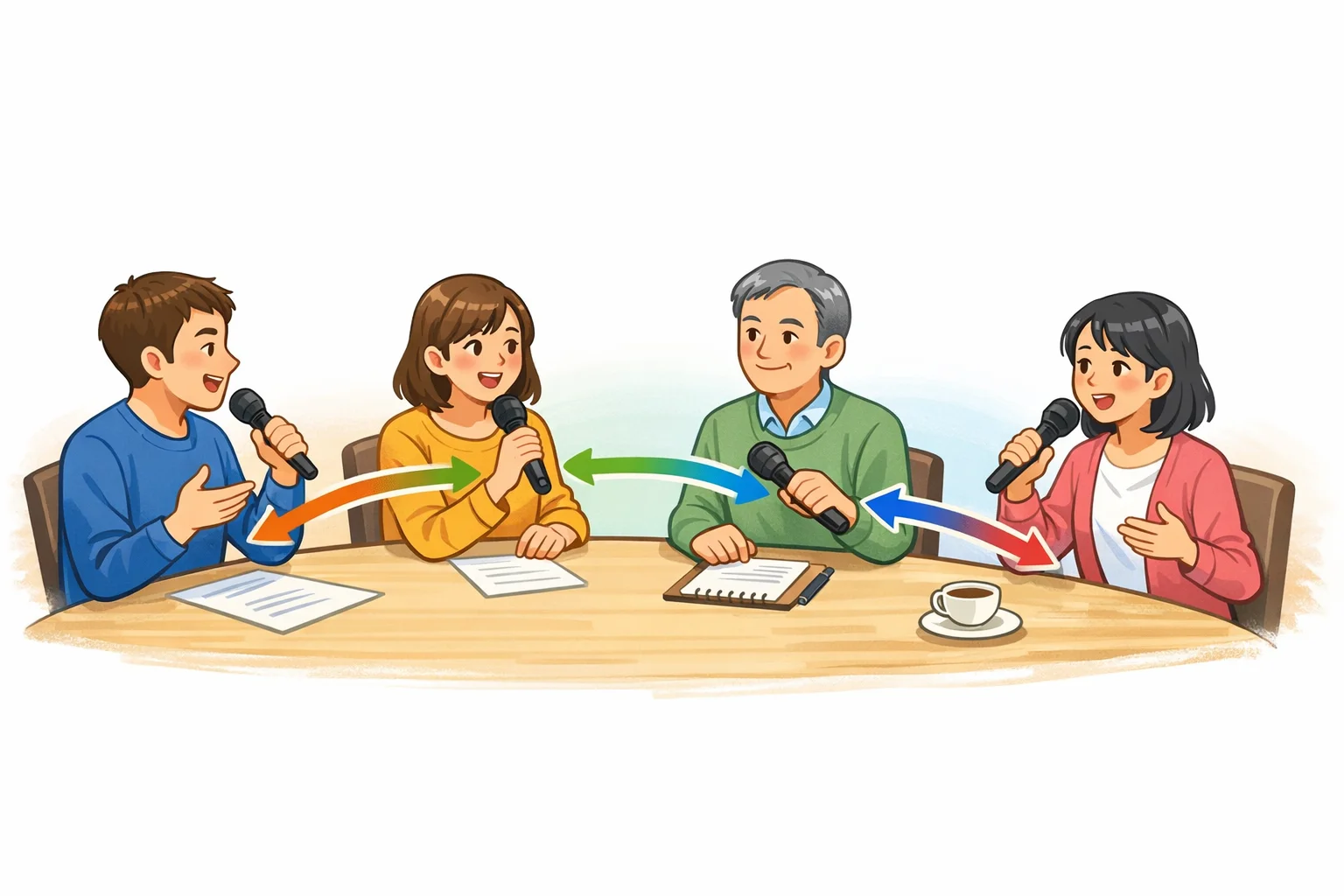 マイクがテーブルの上を一人ずつ回っていくイメージ