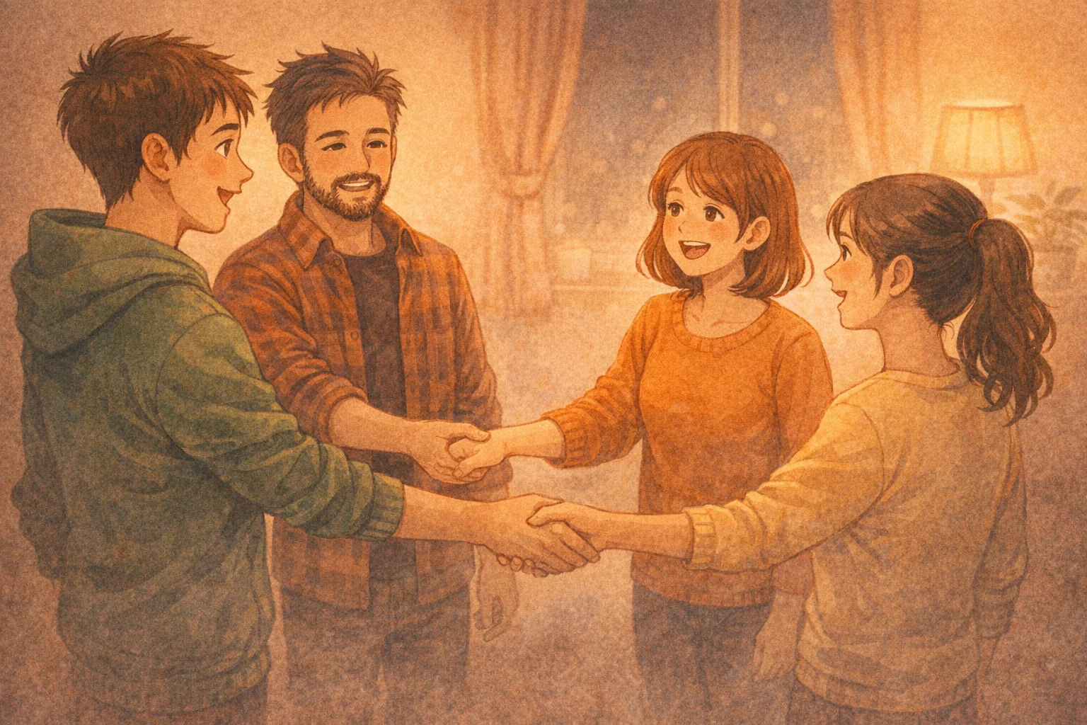 初対面の人々が輪になって挨拶している温かみのあるイラスト