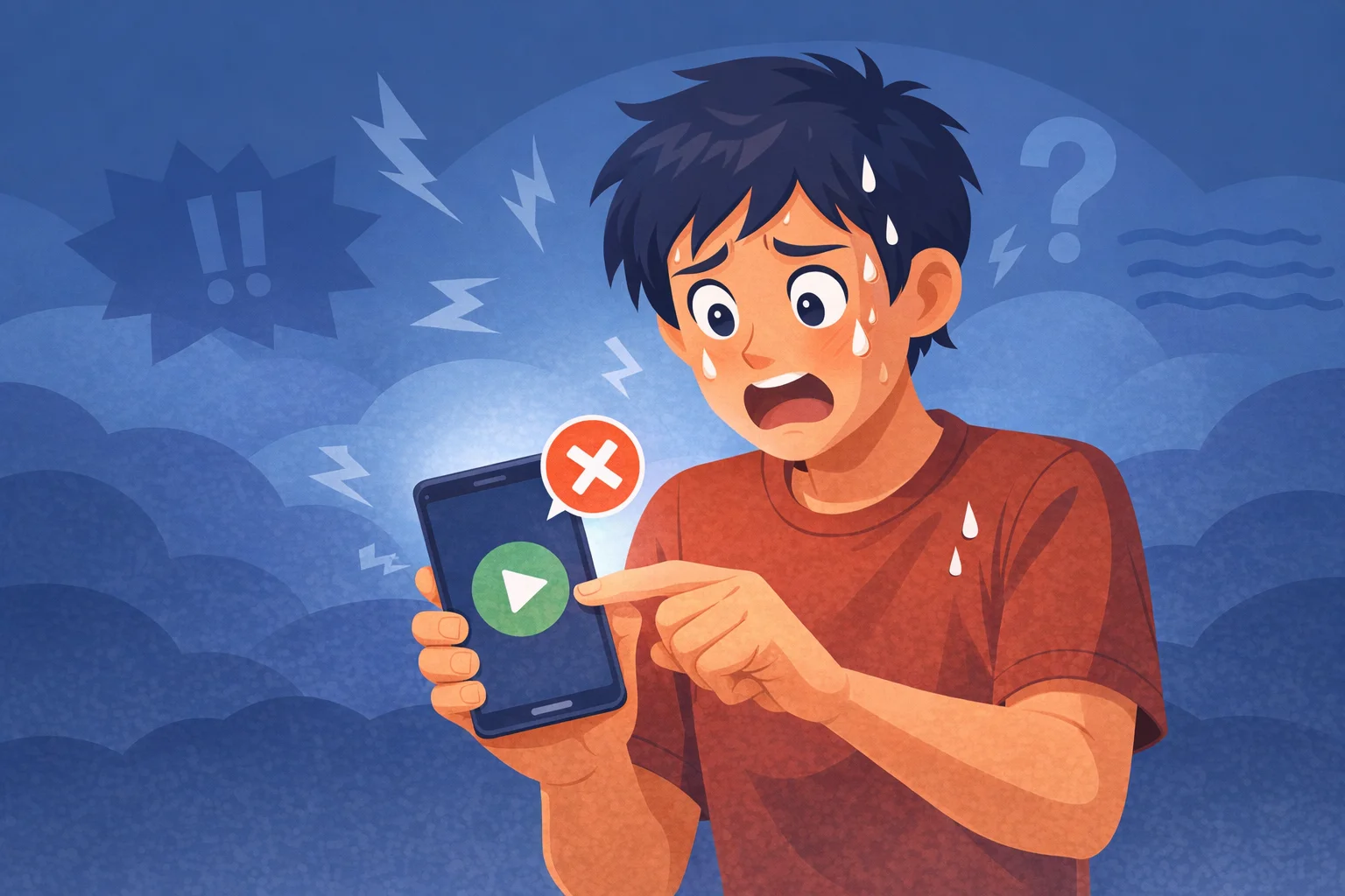 再生ボタンを押しても反応しないスマートフォンを見て焦る人のイラスト