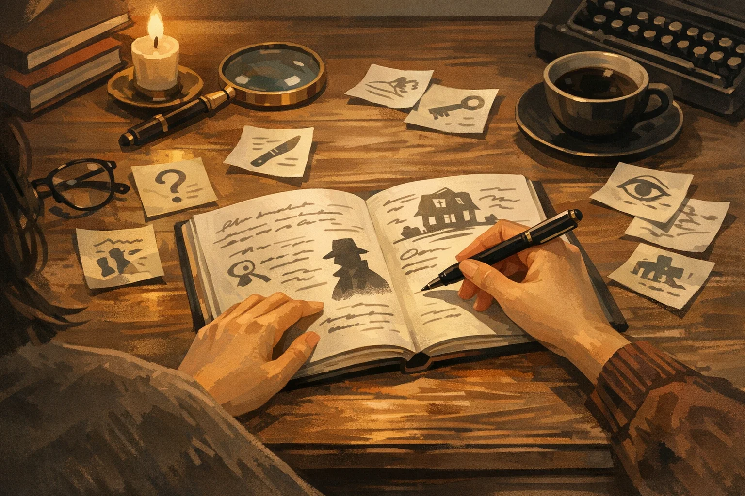 ミステリー小説のアイデアをノートに書き留めている人物の様子