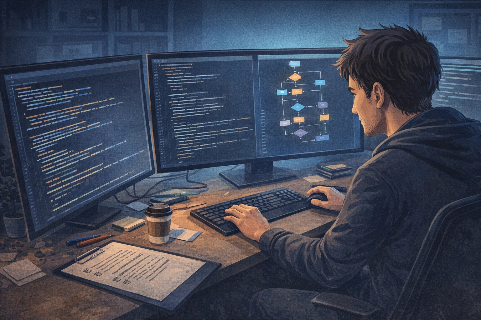 複数モニターにコードとフローチャートが映るデスク