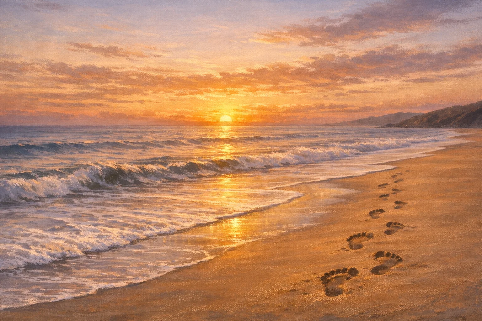 夕焼けの海辺に残された足跡と消えていく波